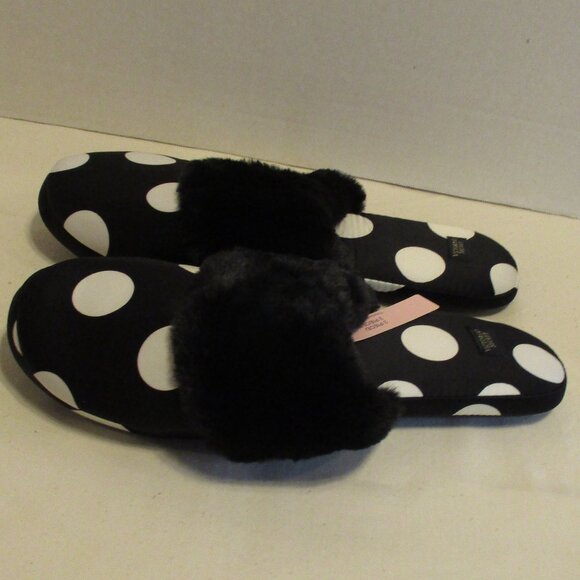 Victoria Secret NEW Woman Large (9-10) Black White Fuzzy Slippers With Case - Picture 3 of 9
